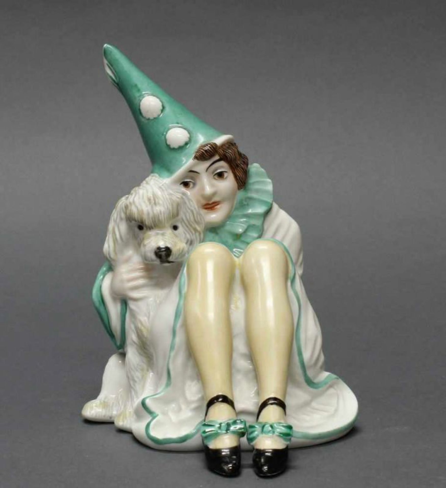 Porzellanfigur, "Zwei Freunde", Rosenthal, Modellnummer 45, polychrom, Pierrette mit Pudel,