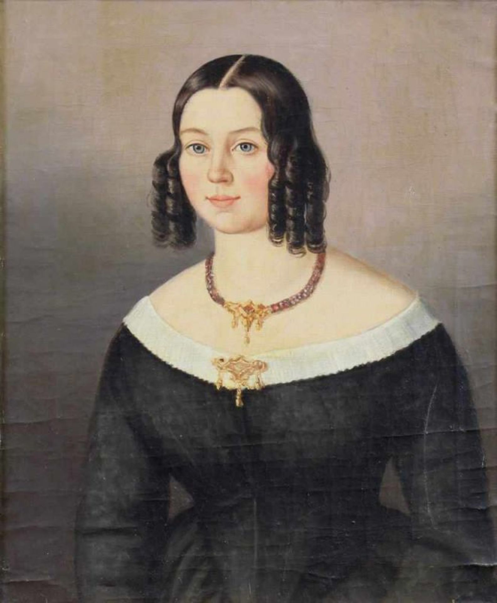 Porträtmaler (19. Jh.), "Bildnis einer jungen Frau", Öl auf Leinwand, 40 x 32 cm, alter Rahmen