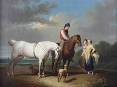 Unbekannter Maler (19. Jh.), "Begegnung mit einem Reiter", Öl auf Leinwand, 19. Jh., 40 x 53 cm,