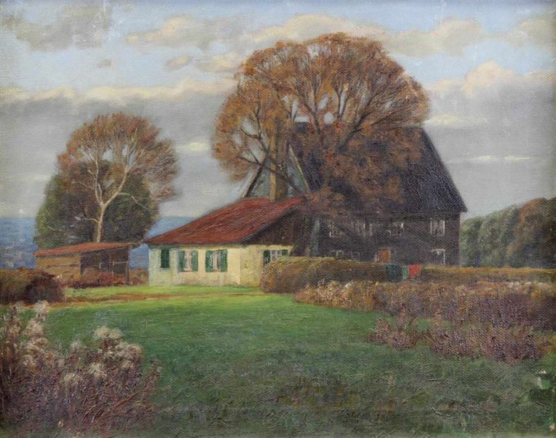 Frommhold, Ernst (Leipzig 1879 - 1955), zugeschrieben, "Gehöft am Meer", Öl auf Leinwand, verso