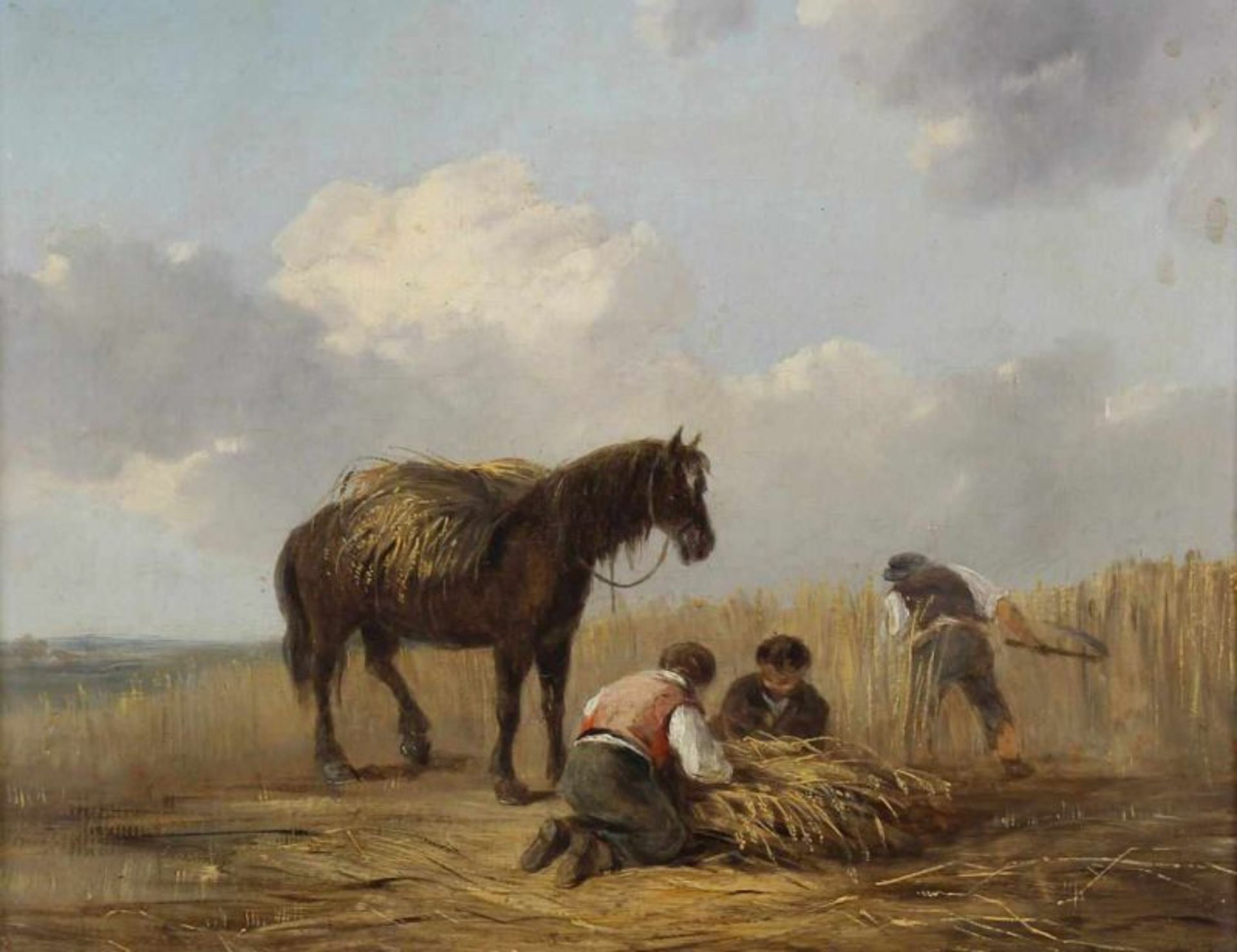 Englischer Maler (19. Jh.), "Bei der Getreideernte", Öl auf Leinwand, 20 x 25.5 cm, Rahmen