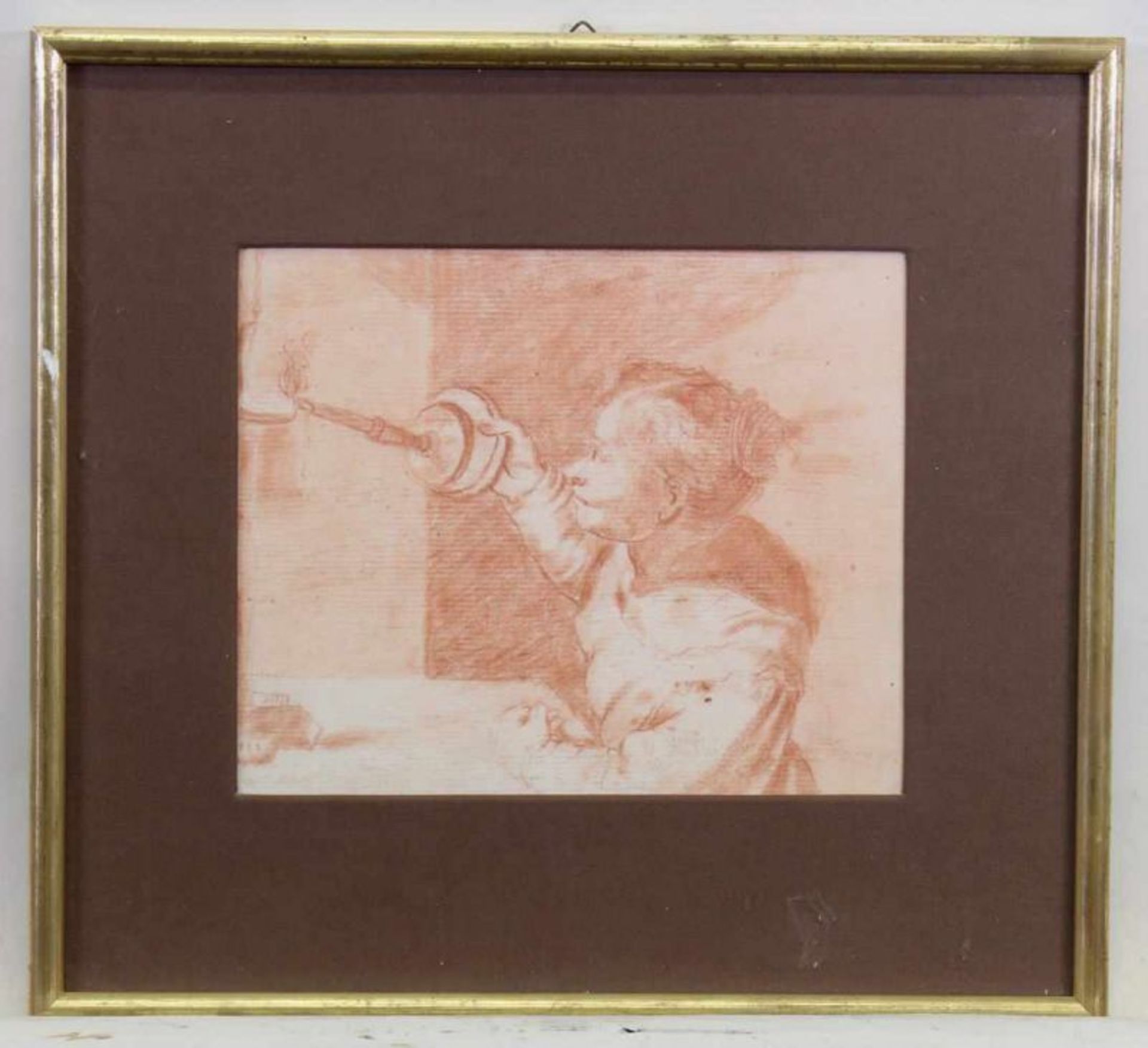 2 Rötelzeichnungen, "Männlicher Akt", "Frau beim Anzünden einer Lampe", wohl 19. Jh., 21.5 x 17.5 cm - Bild 3 aus 4