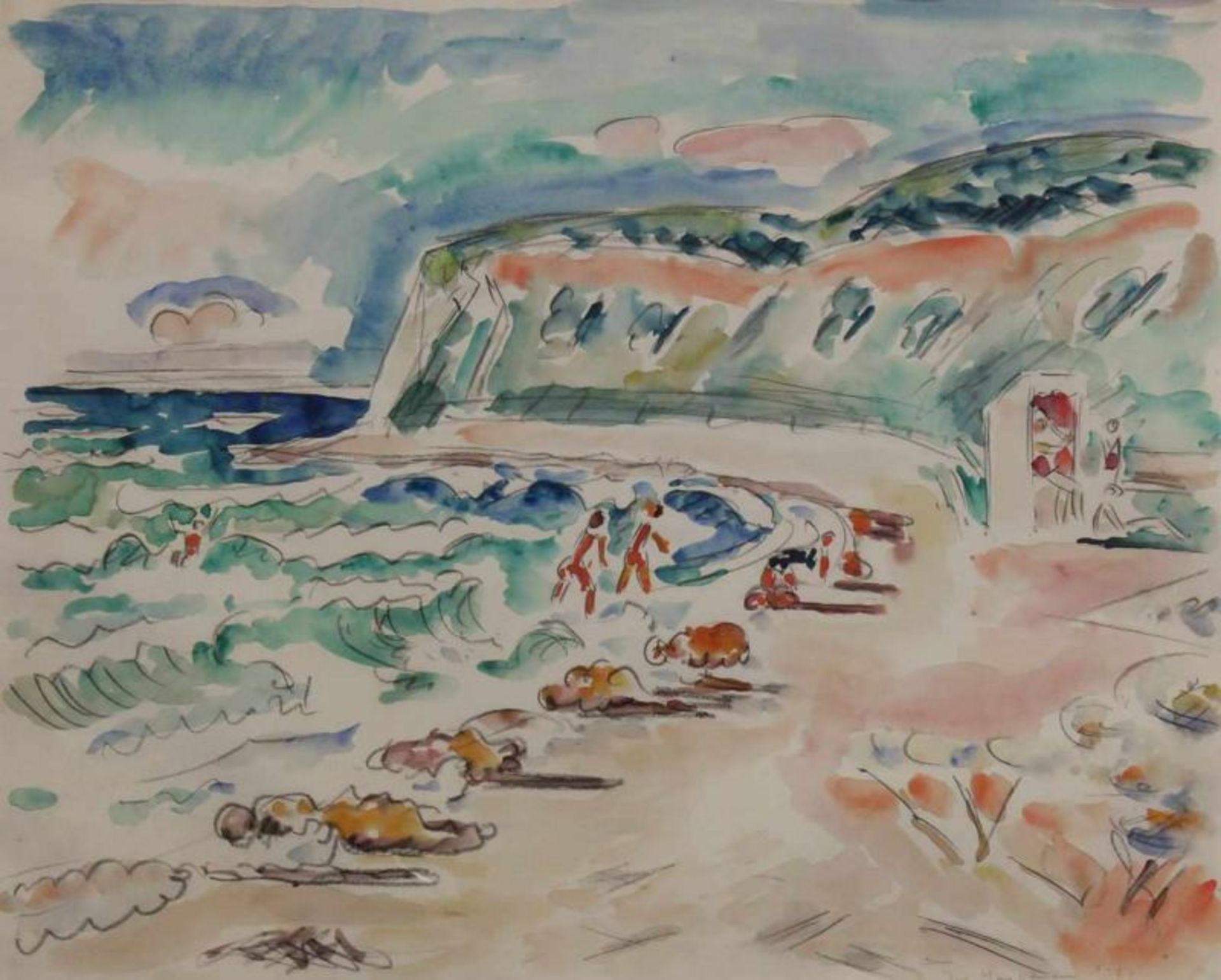 Hauptmann, Ivo (1886 Erkner/Berlin - 1973 Hamburg), "Strand mit Badenden auf Hiddensee", Aquarell,