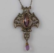 Anhänger, Jugendstil, um 1910/20, gepunzt Fahrner, Silber, facettierter Amethyst, Amethysttropfen,