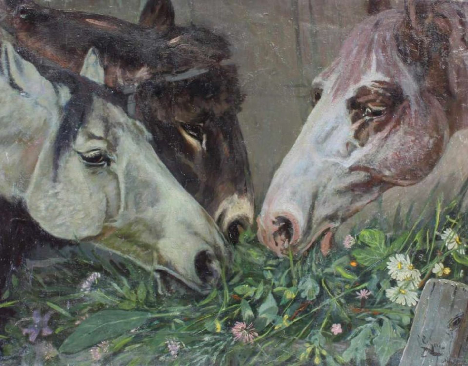 Gheri, Leopold (1866 Innsbruck - 1952, Maler und Reiseschriftsteller), "Pferde an der Krippe", Öl