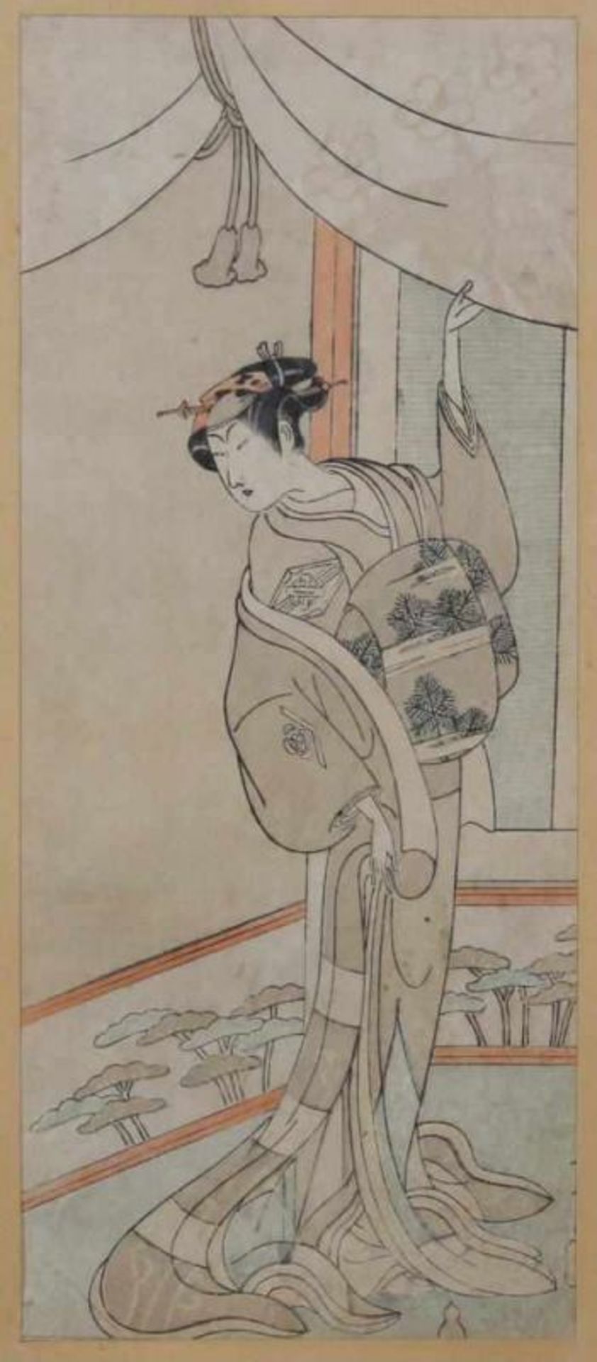 Holzschnitt, "Schöne Dame unter Vorhang", Japan, um 1900, 28.5 x 12 cm (P.a.), unter Glas gerahmt;