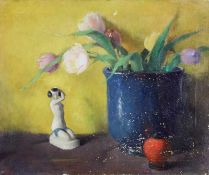 Wickard, J.M. (20. Jh.), "Stillleben mit Porzellanfigur und Tulpen", Öl auf Leinwand, signiert und