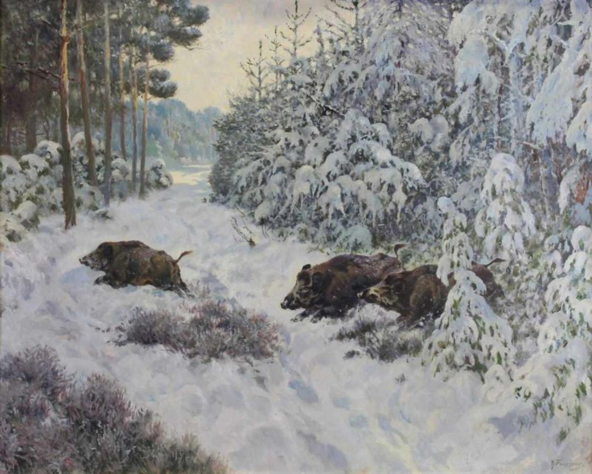 Feussner, Reinhold (1886 Königsberg - 1971 Bad Harzburg, Jagdmaler), "Wildschweine im Schnee", Öl