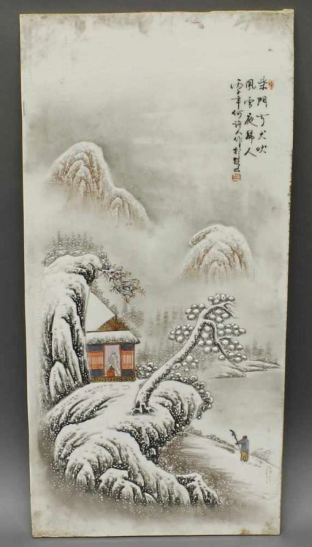 Porzellanbild, "Schneelandschaft", China, 20. Jh., mit chinesischen Schriftzeichen, 54 x 26 cm 20.00