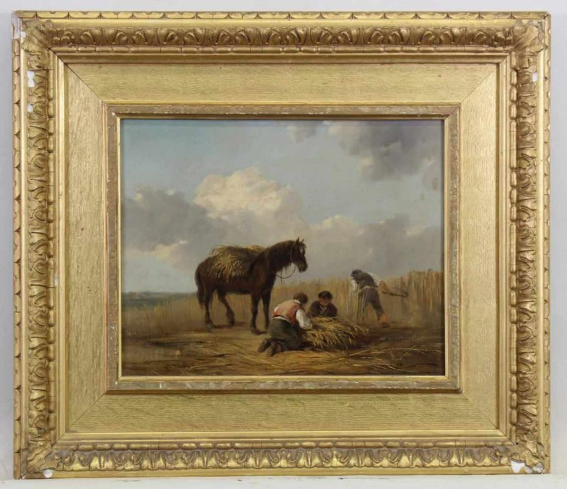Englischer Maler (19. Jh.), "Bei der Getreideernte", Öl auf Leinwand, 20 x 25.5 cm, Rahmen - Bild 2 aus 3