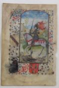 Buchseite wohl aus einem Stundenbuch, Miniaturmalerei auf Pergament, "Hl. Georg (?) zu Pferd",