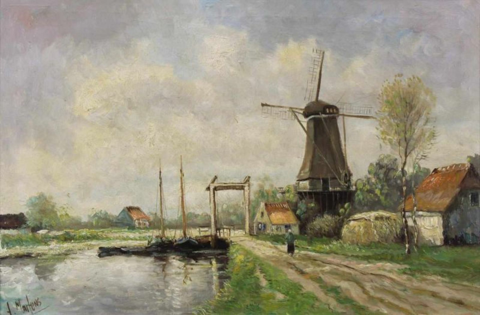 Martens, Alfred (1888 - 1936, Landschaftsmaler), "Windmühle an Flusslandschaft", Öl auf Leinwand,