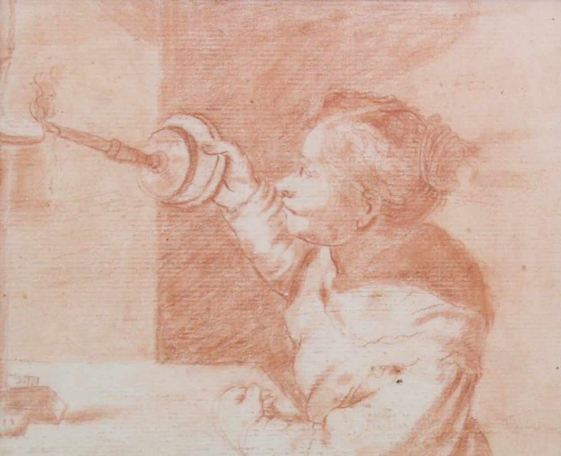 2 Rötelzeichnungen, "Männlicher Akt", "Frau beim Anzünden einer Lampe", wohl 19. Jh., 21.5 x 17.5 cm - Bild 4 aus 4