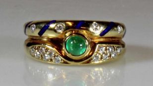 Ring, GG 585, gepunzt VM (Victor Meyer), 1 Smaragd-Cabochon, 16 Brillanten, blaues Email, 6 g, RM 17
