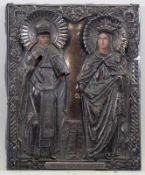 Ikone, Tempera auf Holz, "Die Heiligen Nikolaus und Barbara", Silberoklad, Russland, Ende 19. Jh.,