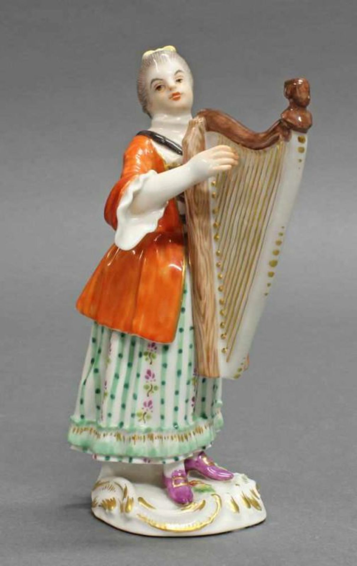 Porzellanfigur, "Harfenspielerin", Meissen, Schwertermarke, 1. Wahl, Modellnummer 60046, polychrom