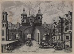 2 Kupferstiche, "Architekturphantasien", Antwerpen, Ende 16. Jh., de Vries/Theodor Galle, je 15 x 21