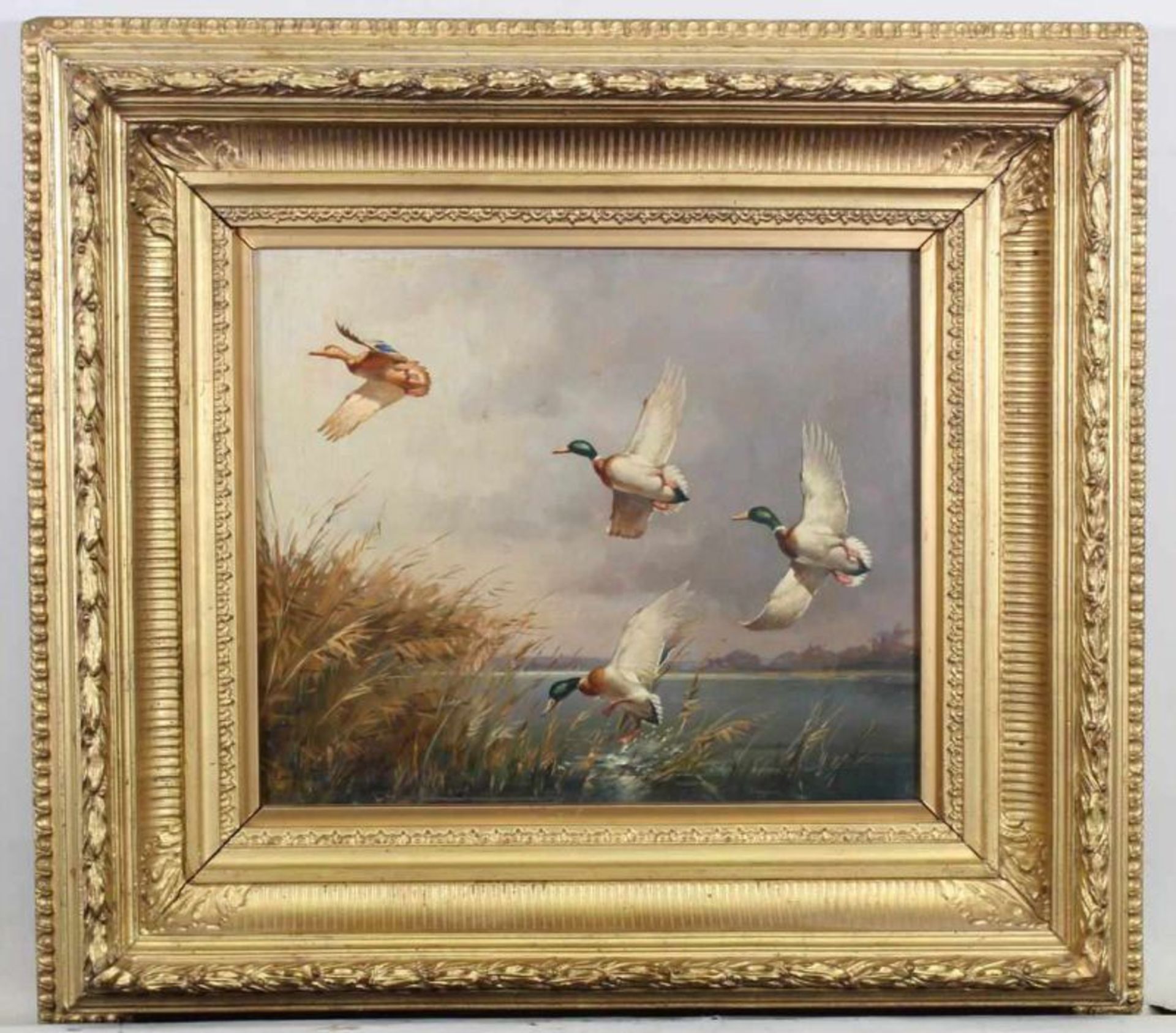 Jutz, Carl d.Ä. (1838 Windschläg - 1916 Pfaffendorf), wohl, "Auffliegende Enten", Öl auf Kupfer, - Image 2 of 4