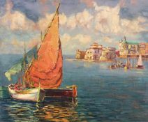 Zachmann, Hans (1897 - 1953, deutscher Landschafts- und Marinemaler), "Ruhende Segelboote vor
