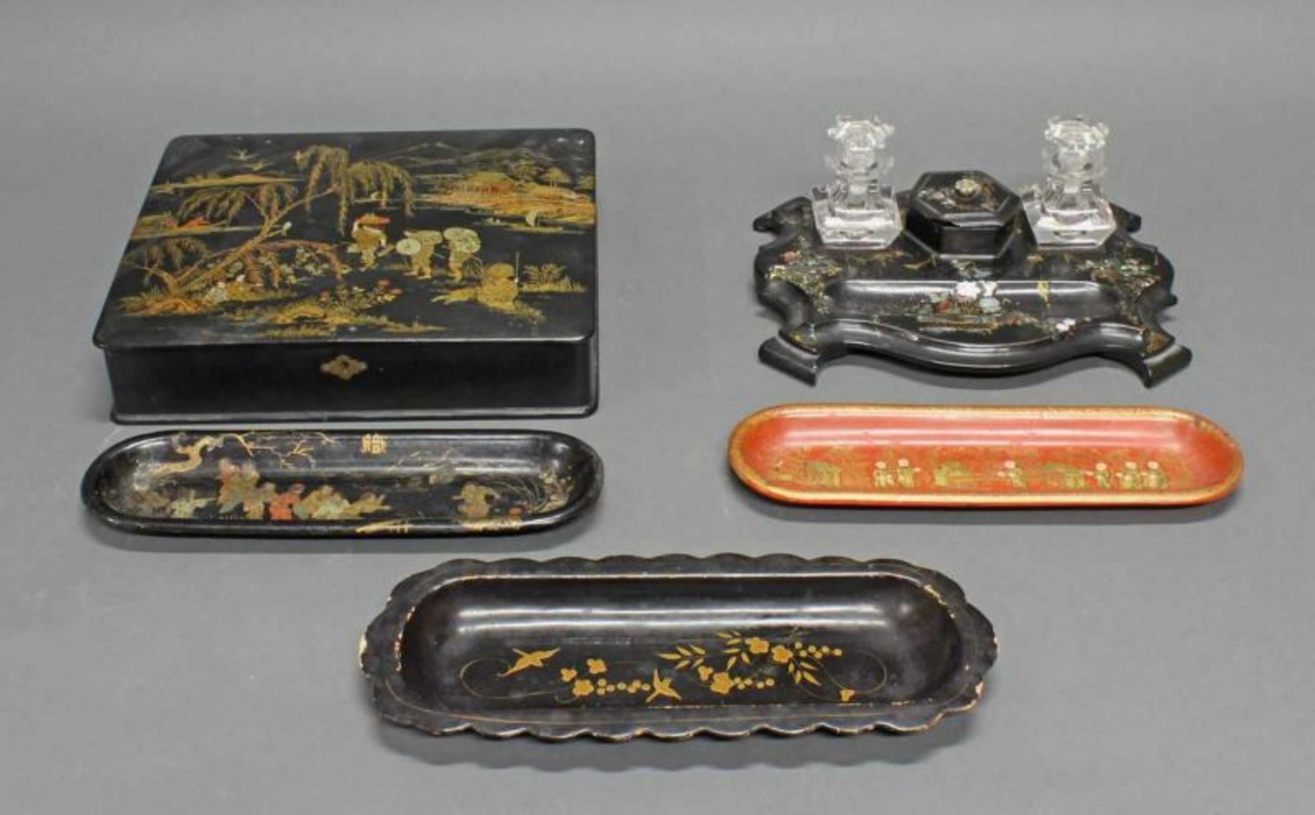 3 Federablagen, Schreibtischset, Deckelkasten, wohl Frankreich, um 1900, verschiedene