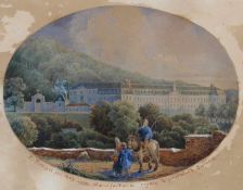 Kleines Aquarell, "Manufacture royale de porcelaine a Sèvres", unterhalb der Darstellung