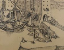 Csabai-Wagner, Jozsef (1888 - 1967, Landschaftsmaler), Kohlezeichnung, "Südlicher Hafen", signiert