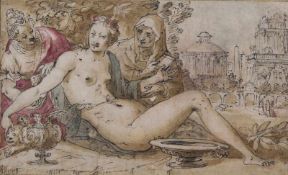 Flämischer Künstler (tätig 2. Hälfte 16. Jh.), Feder und Tusche bzw. Aquarell, "Bathsheba im