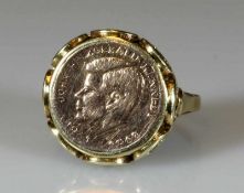 Ring, GG 585, mit Medaille John Fitzgerald Kennedy 1961-1963 und rückseitig Kreuz "Aureum eternum