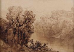 Calame, Alexandre (1810 Vevey - 1864 Menton), wohl, Zeichnung, Tusche laviert, "Fluss", Signatur