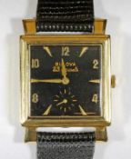 Armbanduhr, Bulowa, GG 585, Handaufzug, schwarzes Zifferblatt, goldfarbene arabische Ziffern und