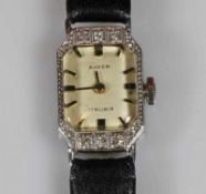 Damenarmbanduhr, Art Deco, um 1920/30, WG 750, Diamant-Lünette, Zifferblatt bezeichnet Anker,