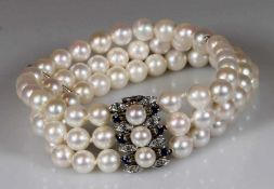 Perlenarmband, dreireihig, 3x 25 Akoya-Zuchtperlen ø ca. 6.5 mm, Schließe WG 585, 3 Perlen, 6