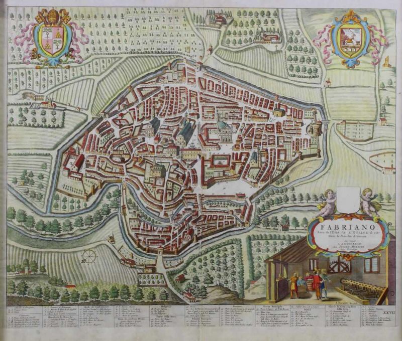 Kolorierter Kupferstich, "Fabriano", J. Blaeu, 44 x 54.5 cm, unter Glas gerahmt. In Fabriano wurde