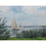 Frommhold, Ernst (Leipzig 1879 - 1955), Gouache, "Blick über die Alster auf Hamburg", signiert unten