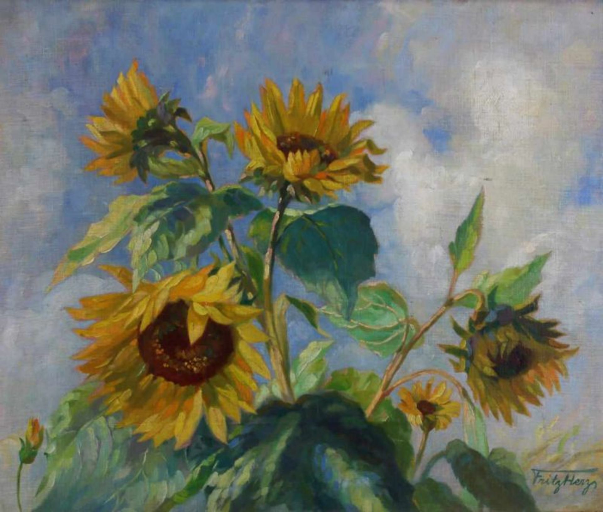 Herz, Fritz (geb. 1882 Dresden, Schüler von Karl Bantzer), "Sonnenblumen vor Sommerhimmel", Öl auf