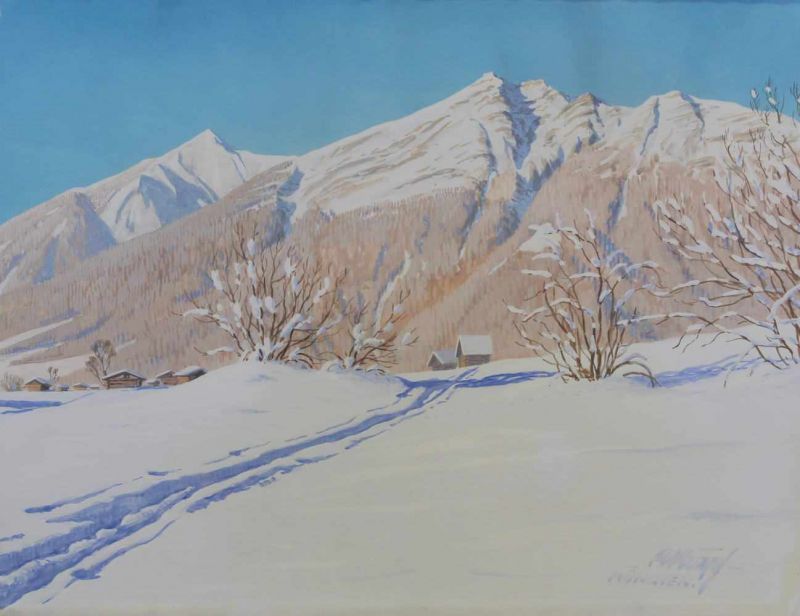 Krapf, Rudolf (1885 München - 1965, Landschaftsmaler), Gouache, "Verschneites Hochgebirgstal",