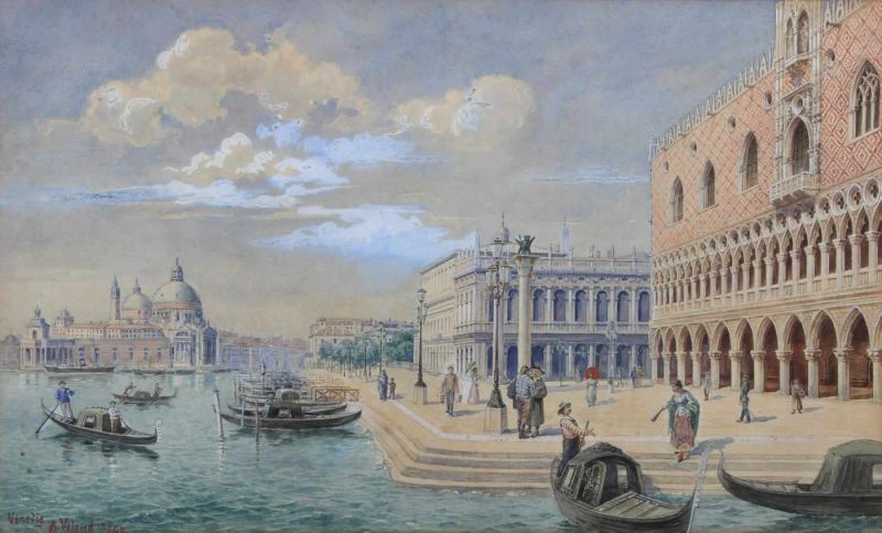 Voland, A. (19. Jh.), Aquarell und Deckweiß, "Venezianische Ansicht", signiert und datiert unten