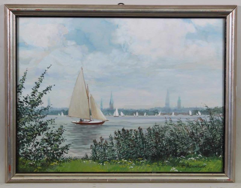Frommhold, Ernst (Leipzig 1879 - 1955), Gouache, "Blick über die Alster auf Hamburg", signiert unten - Image 2 of 3