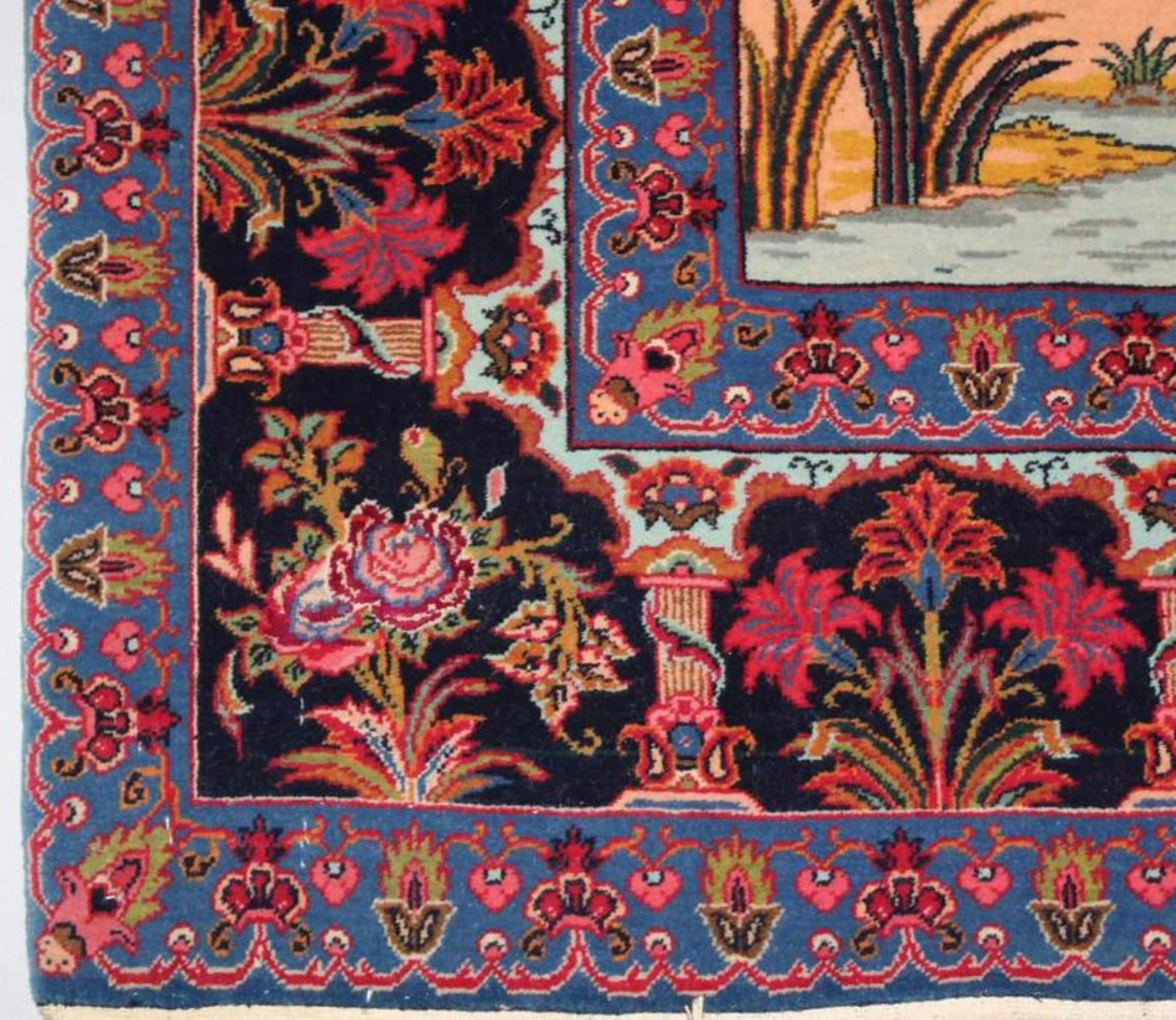 Bildteppich, Isfahan, Persien, mit etwas Seide, Landschaftsdarstellung, Bordüre mit Blumenkartuschen - Image 3 of 4
