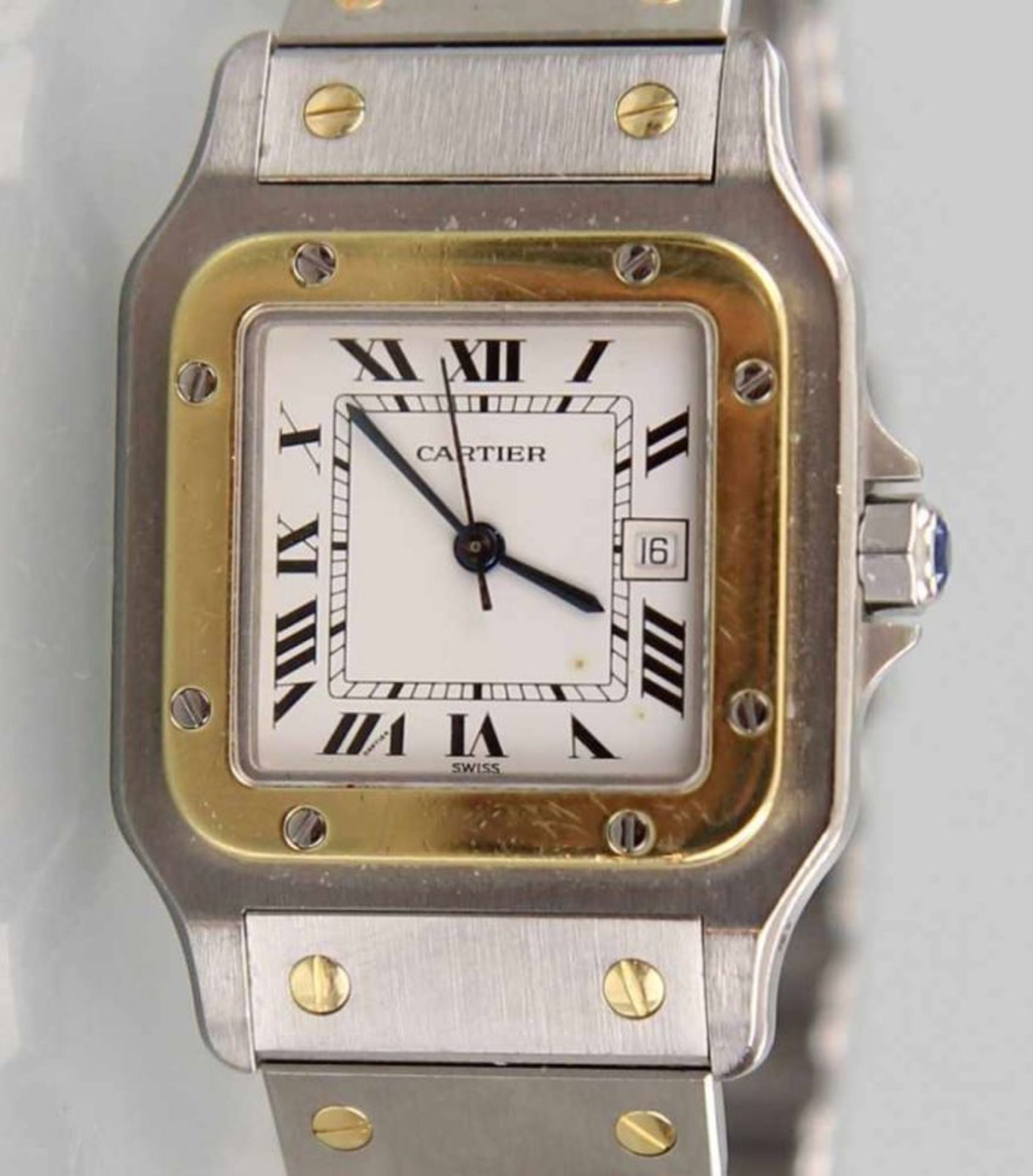 HAU "Cartier Santos" Gehäuse und Band Stahl und Gelbgold 18 kt., Lunette und Boden geschraubt, - Image 4 of 4