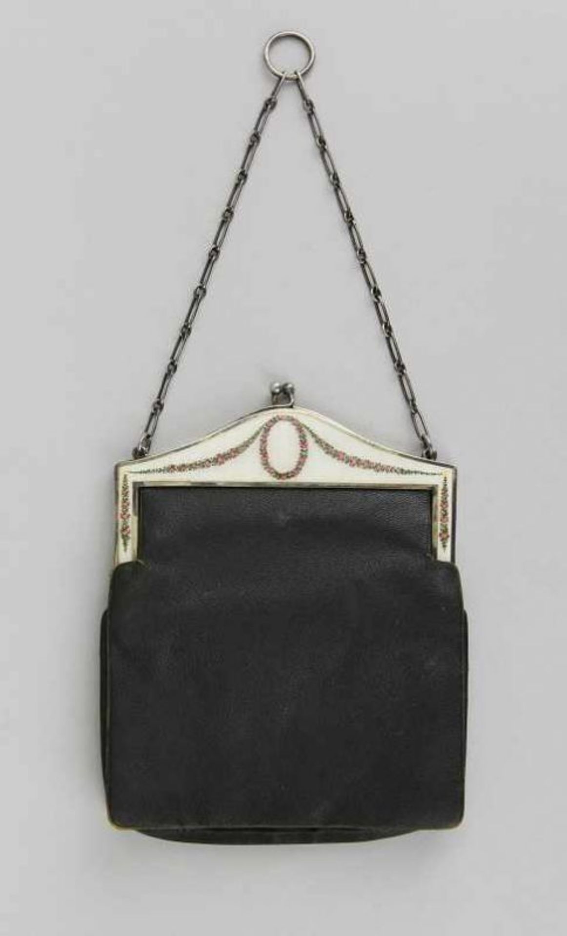 Abendtasche Bügel Silber 900 teilvergoldet mit bemaltem Transluzidemail, Tasche feines schwarzes