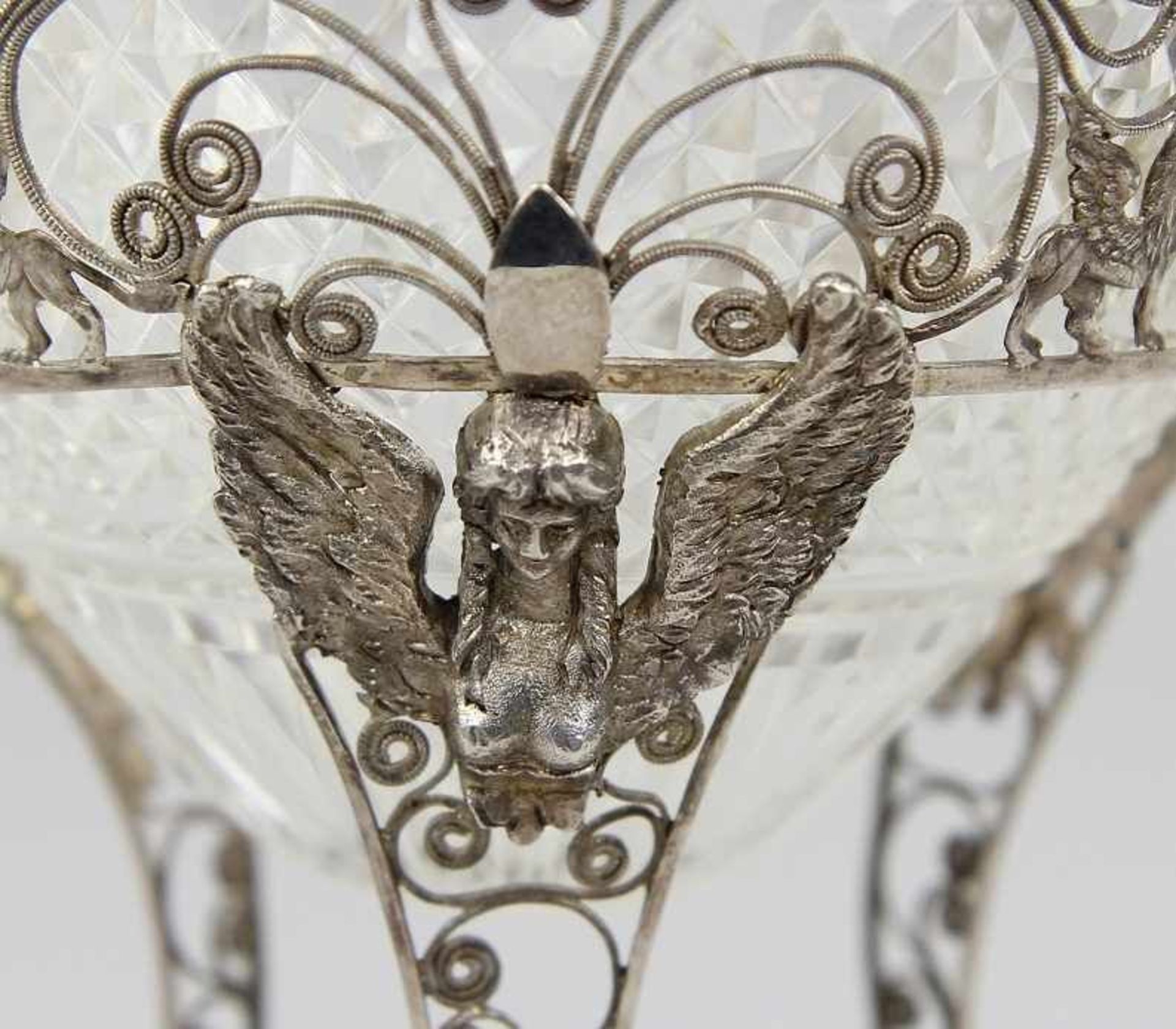 Zuckerschale Silber 13lot, Silberfiligran und Glas geschliffen, dreiseitiges Gestell mit - Image 3 of 5
