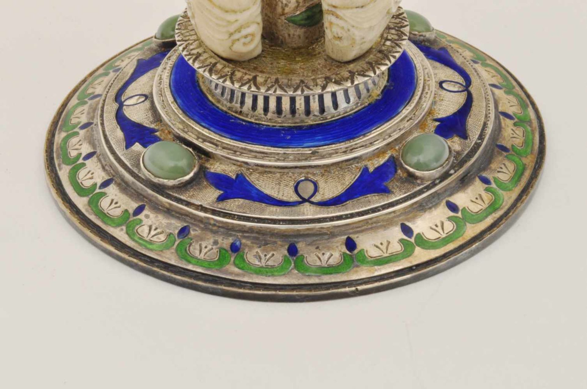 Aufsatzschale Wien um 1880, Silber mit Cloisonne, ovale Schale aus Lapislazuli, Stand von 3 - Bild 5 aus 6