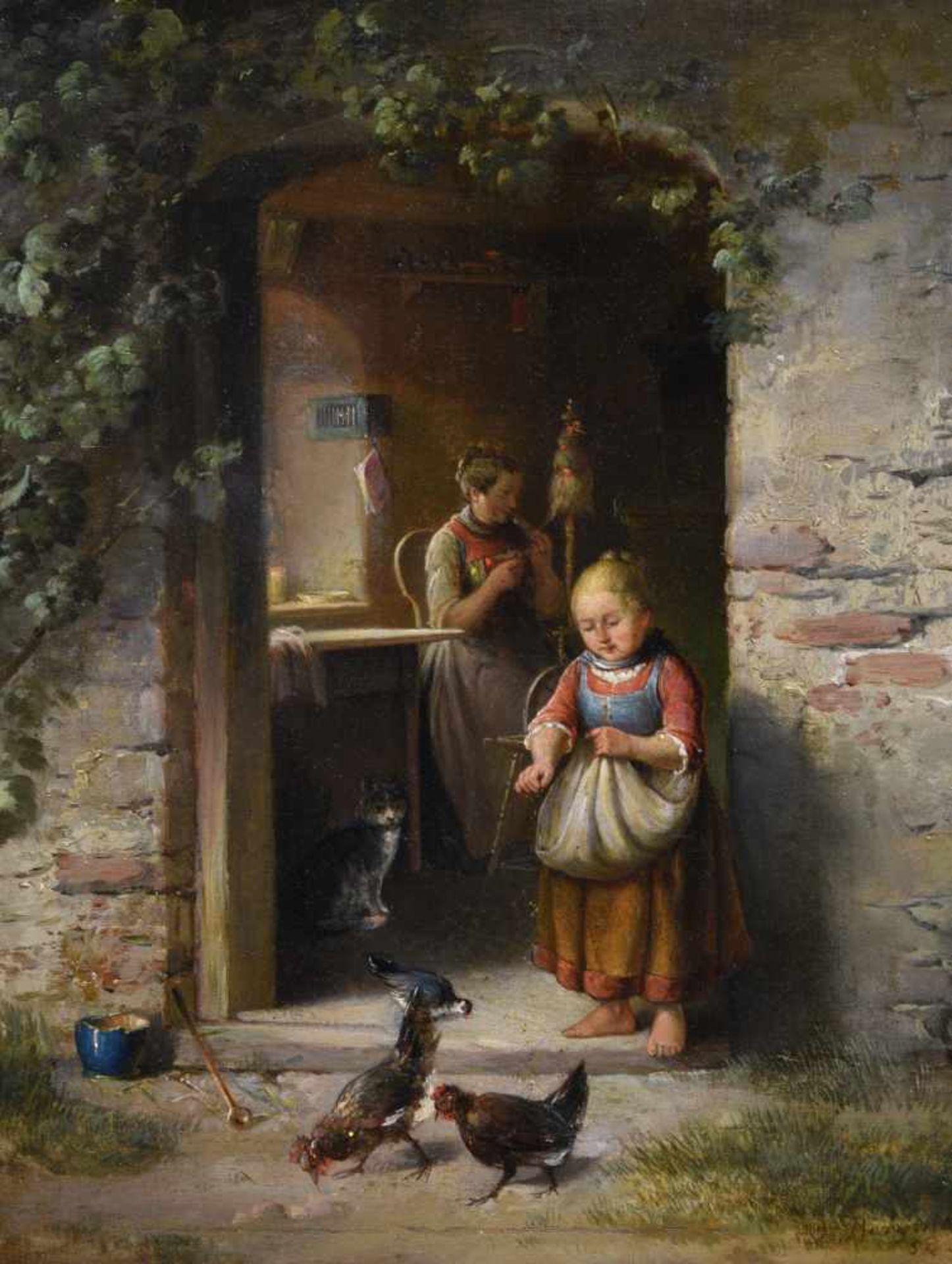 Meyerheim, Edouard Franz (1838 Berlin - 1880 Marburg) "Mädchen beim Hühner füttern", Öl auf Lw.,