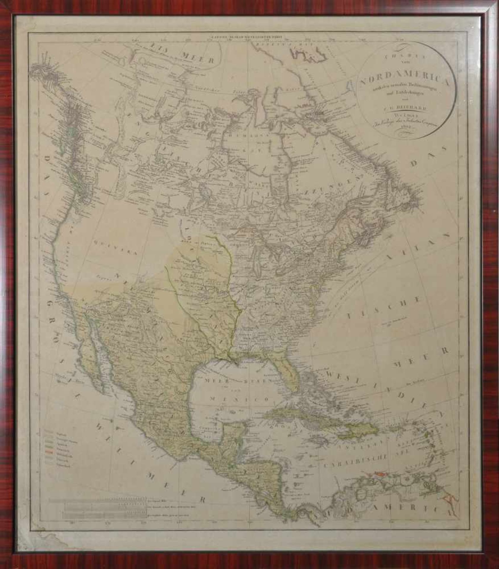 Karte von Nordamerika C.G. Reichard, Weimar 1802, Kupferstich mit Colorierung, Titel "Charte von