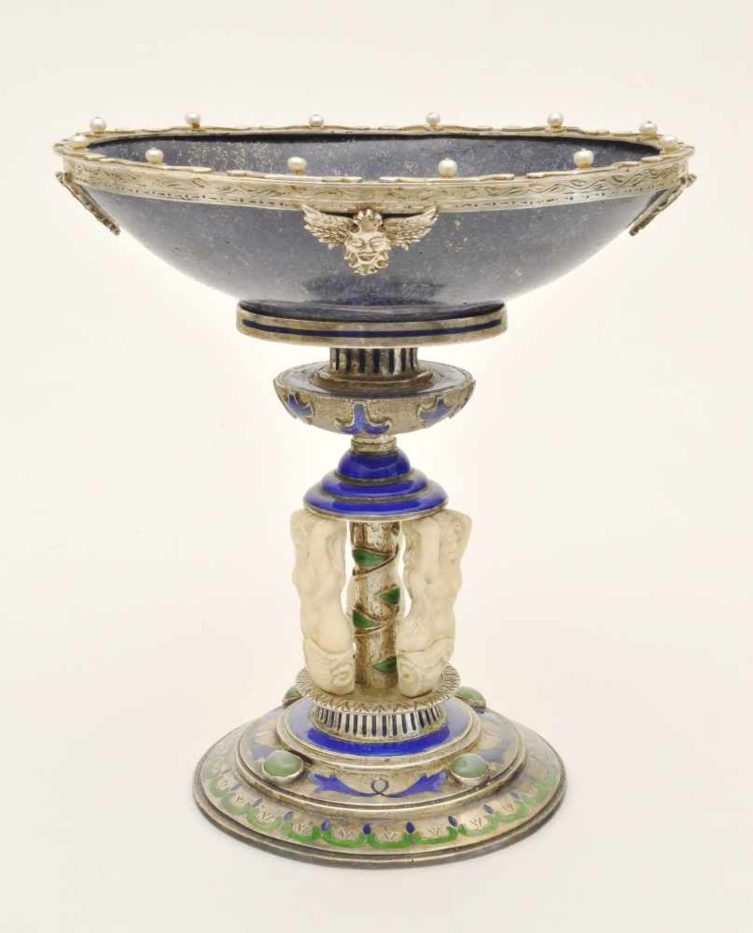 Aufsatzschale Wien um 1880, Silber mit Cloisonne, ovale Schale aus Lapislazuli, Stand von 3