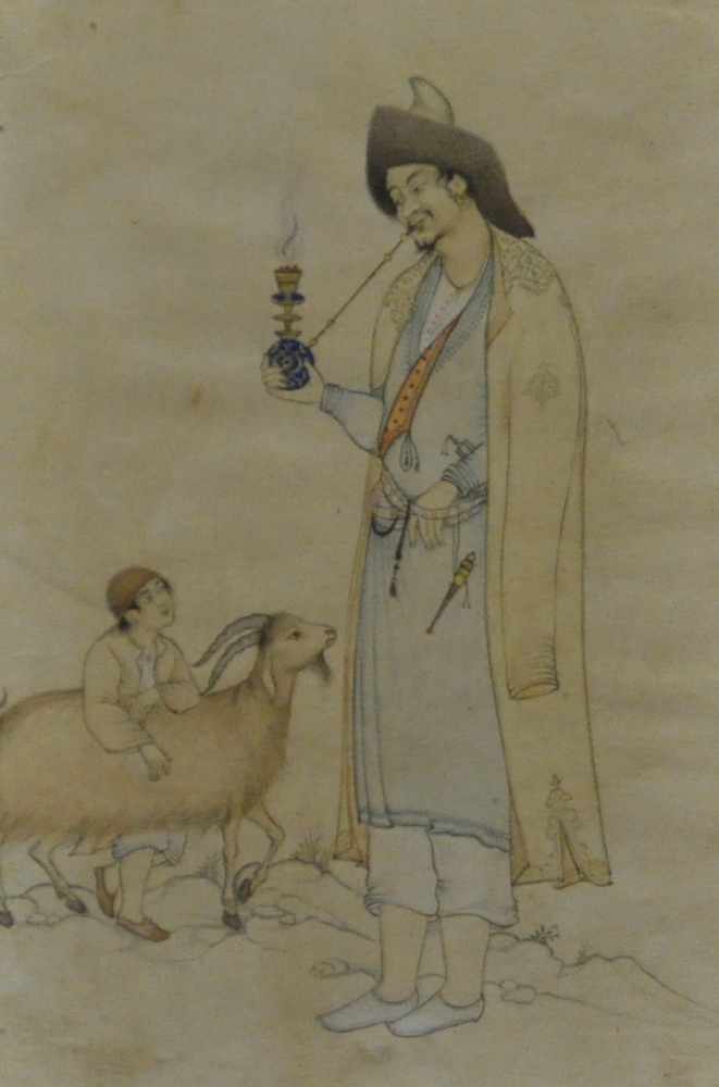 Miniatur - Zeichnung, 306. Miniatur - Zeichnung, "Pfeife rauchender Fürst", Mongolai, 19. Jh., 21,
