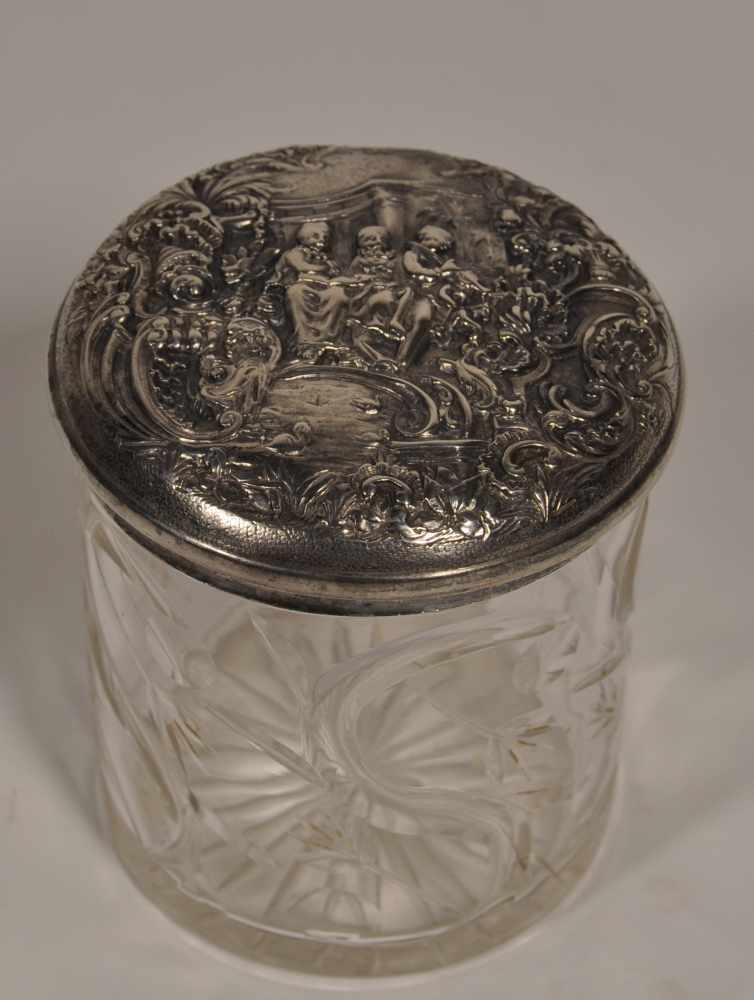 Kristallglas mit Silberdeckel, deutsch um 1900, 800er Silber, Gew. 73 g