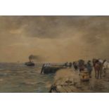 Dücker, Eugen (1841 - 1916 Düsseldorf) "An der Ostsee Anlegestelle", Aquarell, 27 x 36,5 cm,