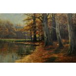 Moras, Walther (1856 - 1925), "Weiher im herbstlichen Spreewald, Öl auf Lw., 80 x 120 cm, rechts